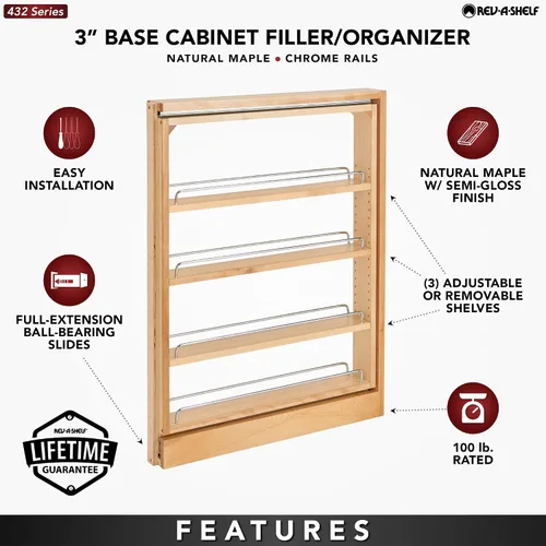 Vista 5 de Rev-A-Shelf 432-BF-3C Base extraíble con estantes ajustables de 3 pulgadas, natural