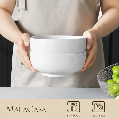 Vista 3 de MALACASA Juego de Tazones para Ensalada, 44 OZ (7") Tazones Grandes para Sopa Tazones para Cereal para Cocina, Juego de Tazones de Cerámica Blanca