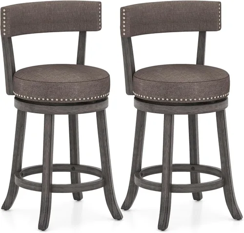 Vista 14 de COSTWAY Taburete de bar giratorio de 27 pulgadas, con respaldo acolchado y patas de madera de goma, silla de desayuno para isla de cocina