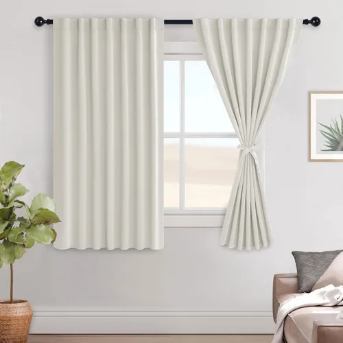 Vista 149 de Hiasan Cortinas opacas negras para dormitorio, cortinas opacas cortas de 45 pulgadas de largo, con aislamiento térmico, bolsillo para barra