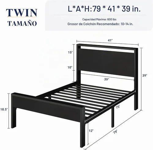 Vista 2 de Base de cama Allewie de tamaño individual con cabecero y pie de cama de madera, soporte de listones de metal resistentes, no requiere somier