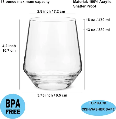 Vista 2 de KX-WARE Vasos de vino acrílicos irrompibles de 16 onzas sin tallo, vasos de plástico multiusos, juego de 6 vasos transparentes aptos