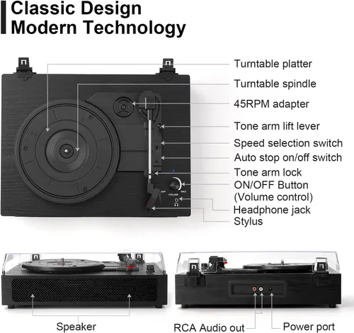 Vista 4 de Tocadiscos de vinilo Bluetooth con altavoces estéreo incorporados, transmisión por correa, tocadiscos de 3 velocidades para discos de vinilo
