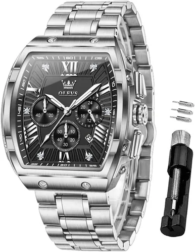 Vista 14 de OLEVS Watch Men Big Square Face Chronograph Stainless Steel Dress Watch Todo negro