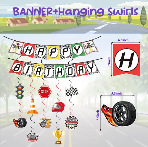 Vista 3 de Decoración de fiesta de cumpleaños de coche de carreras, globos de automóvil de carreras con flecos de aluminio a cuadros, telón de fondo