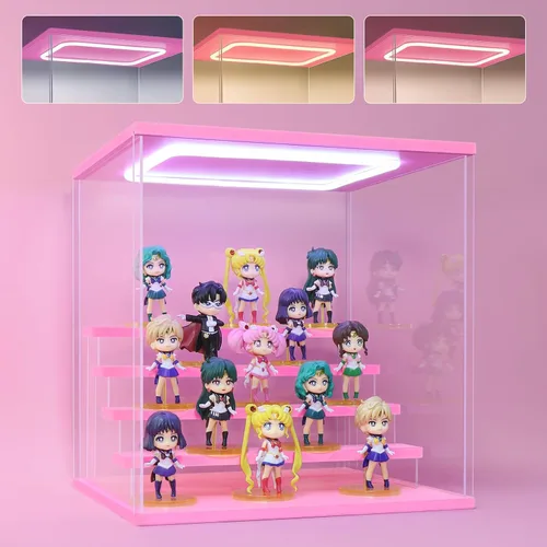 Vista 14 de Vitrina de acrílico transparente para figura de acción Pop Mart, vitrina Funko Pop a prueba de polvo con iluminación, múltiples capas para Rosa