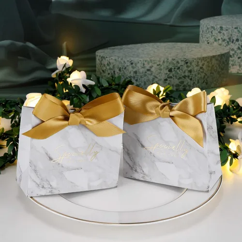 Vista 7 de Yoption 50 cajas de regalo de boda, pequeñas bolsas de regalo de agradecimiento, cajas de dulces con lazo dorado, boda, despedida de soltera, fiesta