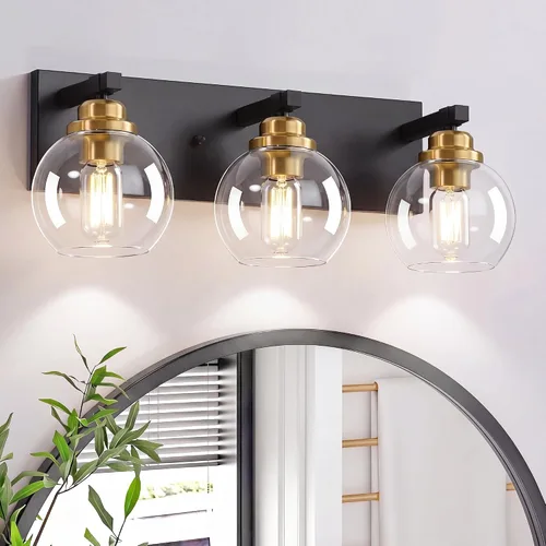 Vista 13 de LmnLvn Lámparas de baño, 3 luces de tocador de color negro mate, modernas lámparas de baño sobre espejo, luces de tocador de granja con pantalla