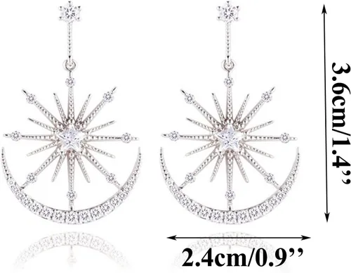 Vista 2 de Paquetes de aretes con forma de geometría, aretes de diamantes de imitación, delgados colgantes dorados, plateados, elegantes estrellas, lunas