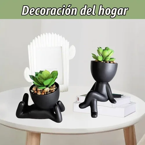 Vista 3 de Zerzsy 3 plantas suculentas artificiales con macetas creativas de cerámica en forma de humano, mini plantas en maceta, plantas falsas de baño Negro