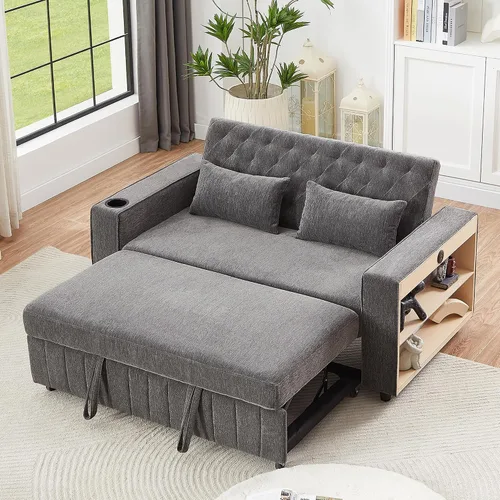 Vista 11 de Sofá cama convertible de terciopelo con respaldo ajustable y enchufe USB, sofá cama extraíble multiposición tamaño individual con 2 almohadas