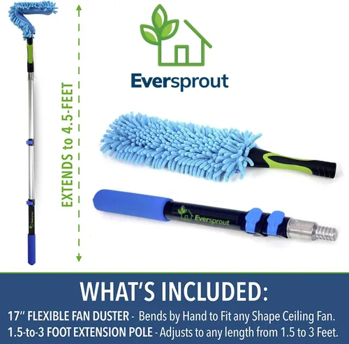 Vista 2 de EVERSPROUT Plumero de microfibra flexible de 3 pies para techo y ventilador, flexible para limpiar cualquier aspa, cabezal de cepillo extraíble
