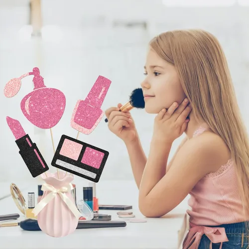 Vista 8 de 12 piezas de centro de mesa de maquillaje con purpurina, para spa, maquillaje, decoraciones de fiesta de cumpleaños para mesa, cosméticos, lápiz