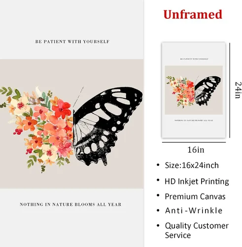 Vista 4 de Be Patient with Yourself Art Butterfly Flower Picture Mental Health Wall Art Watercolor Flower Poster Positive Afirmations Pictures Black Butterfly