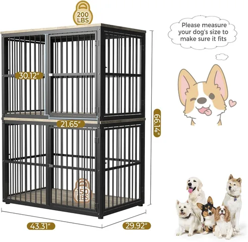Vista 2 de Lyromix Mueble apilable para perros de 43 pulgadas, para razas grandes con habitaciones dobles, jaula de madera para perros, perrera resistente