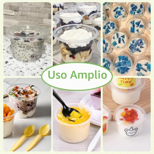 Vista 5 de Qyyiguf Paquete de 100 Vasos de Plástico Desechables de 8 OZ con Tapas Planas, Vasos Transparentes para Postre Recipientes de Plástico, Mini