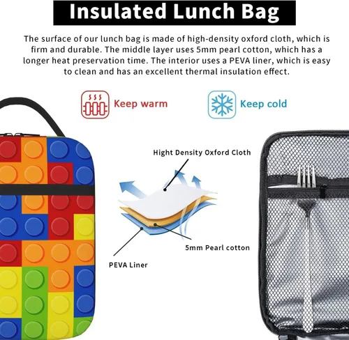 Vista 5 de SARA NELL Bolsa de almuerzo aislada colorida con bloques de construcción de bloques de almuerzo para mujeres, hombres, adolescentes, niños, bolsa