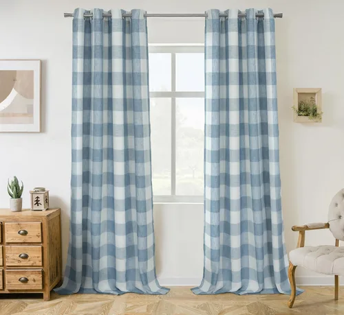 Vista 18 de Cortinas de cuadros de búfalo DriftAway a cuadros negro y blanco extralargas con tratamiento ojo de sargento para dormitorio y sala de estar
