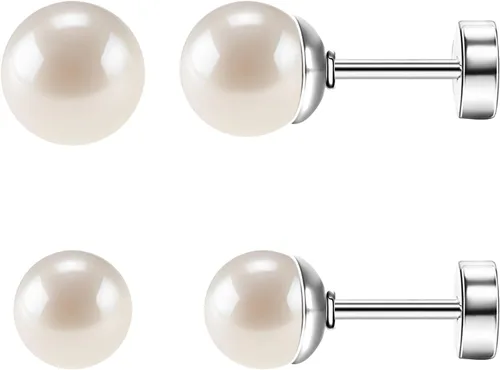 Vista 9 de SmileBelle 2 pares de aretes de perlas, aretes de titanio con parte trasera plana, rellenos de calcetín para mujer, aretes hipoalergénicos