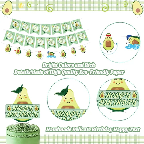 Vista 2 de Decoraciones de cumpleaños de aguacate, suministros para fiestas temáticas de frutas con pancarta de feliz cumpleaños, pancarta de guirnalda