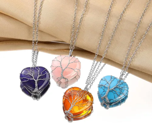 Vista 6 de Bestyle Collar de cristal curativo envuelto en árbol de la vida, colgante de piedra natal de 12 meses para parrillas de mujer, joyería de piedras