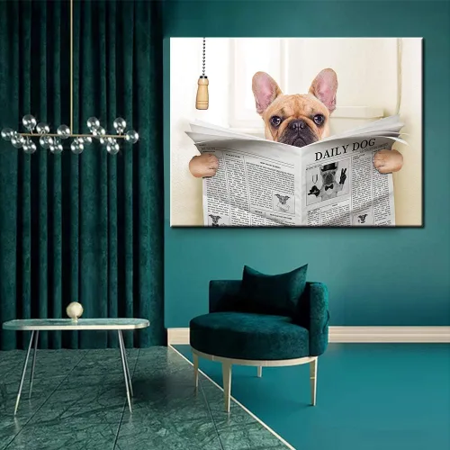 Vista 2 de Anmaseven Póster artístico de perro bulldog francés sentado en el inodoro y leyendo revista, impresión divertida de pintura artística para Sin marco