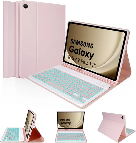 Vista 16 de LAMA Funda con teclado para Samsung Galaxy de 11 pulgadas Tab A9 Plus 2023/Tab A11 Plus 2025 con ratón, retroiluminación de 7 colores, funda