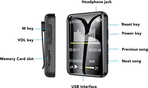 Vista 8 de Reproductor de MP3 con Bluetooth5.0, reproductor de música portátil de 1.8 pulgadas con clip trasero, altavoz integrado, radio FM, grabadora de voz