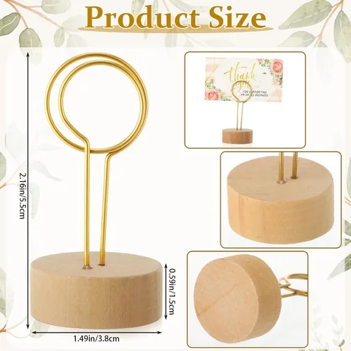 Vista 2 de 24 soportes de madera para números de mesa, alambre de metal con base de madera para una mejor estabilidad, soportes para tarjetas, centros de mesa