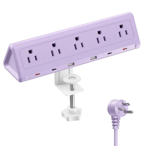 Vista 8 de Regleta de alimentación con abrazadera de escritorio de 6.5 pies con 5 salidas de CA y 6 puertos USB PD de 40 W USB-C de carga rápida, cable de Negro