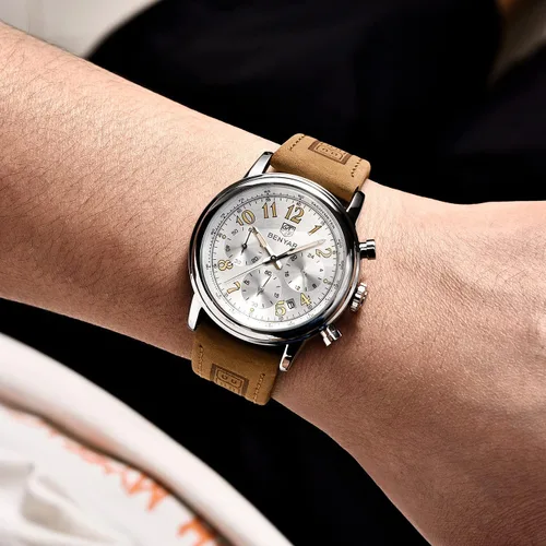 Vista 3 de BENYAR - Reloj de pulsera elegante para hombre, reloj de correa de cuero auténtico, movimiento de cuarzo perfecto, impermeable y resistente a