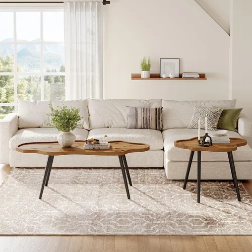 Vista 7 de Juego de 2 mesas de centro anidables, mesas de centro de madera maciza con mesa de nube, mesas decorativas apilables con pies antideslizantes