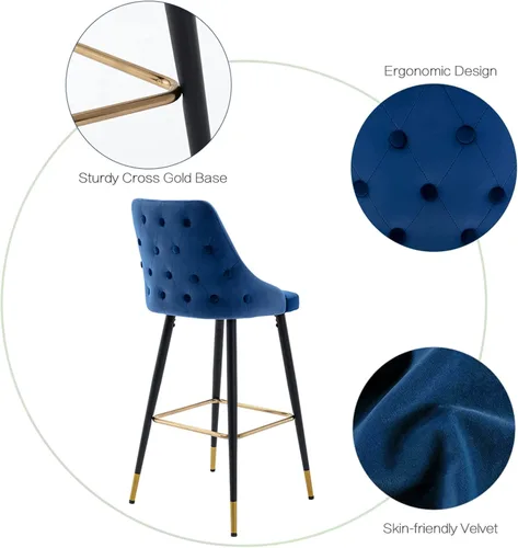 Vista 4 de DUHOME Juego de 2 taburetes de bar con botones de terciopelo, modernos taburetes de bar de 30 pulgadas con respaldo y base dorada para cocina, Azul