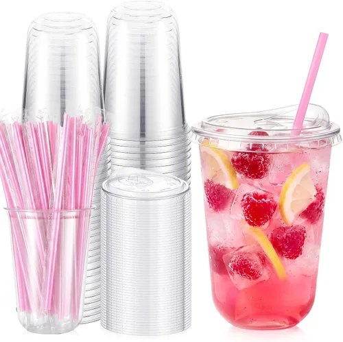 Vista 23 de Ziliny Paquete de 50 vasos de plástico transparente negro de 12 onzas con tapas y popotes, vasos desechables para mascotas, taza de café helado