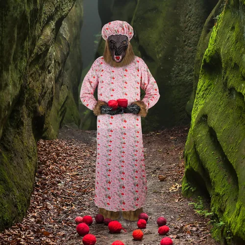 Vista 7 de Bonuci Disfraz de abuela de Halloween para adultos, disfraz de cosplay con sombrero, máscara de cabeza de lobo, guantes, calentadores de piernas