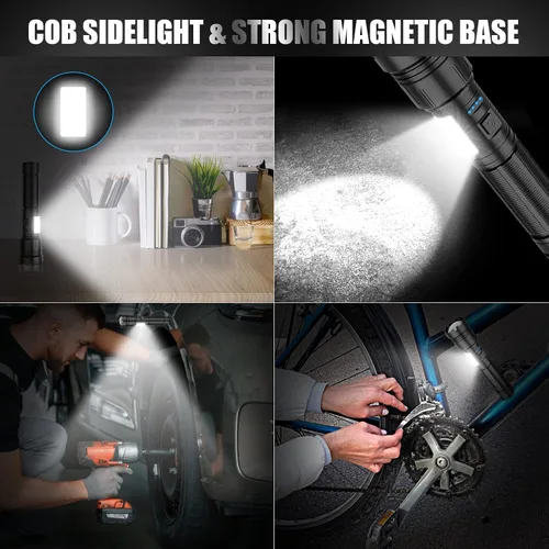 Vista 2 de Linterna magnética recargable de alta luminosidad, súper brillante con luz LED COB, USB C, 7 modos, con zoom, impermeable IPX6, linterna táctica