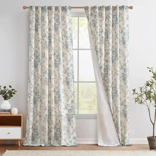 Vista 21 de Jinchan Cortinas de Mezcla de Lino con Estampado Floral para Sala de Estar, 84 Pulgadas de Largo, Cortinas con Bolsillo para Varilla y Tab Trasera