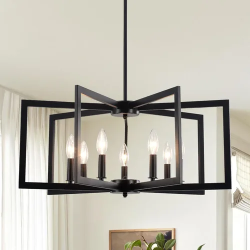 Vista 13 de Candelabro de Granja para Comedor de 5 Luces Negro Rústico de Tambor Candelabros de 20" Textura de Madera Lámpara Colgante Ajustable para Isla