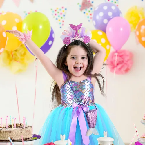 Vista 5 de Mepase Vestido tutú de sirena para niñas pequeñas con diadema, disfraz de sirena, falda tutú con bolsa de lentejuelas moradas para fiesta