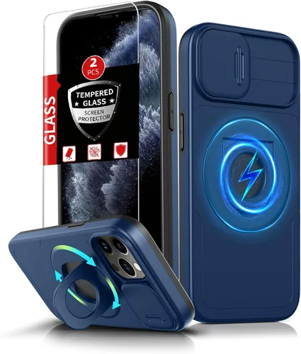 Vista 21 de Funda magnética para iPhone 11 Pro compatible con carga inalámbrica MagSafe, con 2 protectores de pantalla, anillo kickstand de 360° integrado +