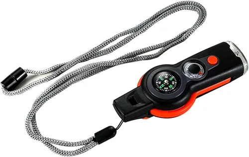 Vista 8 de Brújula multifunción 7 en 1, termómetro de seguridad de supervivencia al aire libre, brújula, espejo LED, lupa, multiherramienta para camping