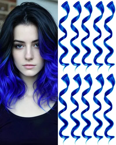 Vista 16 de 10 extensiones de cabello sintético rizado y ondulado negro con clip, reflejos de fiesta de neón arcoíris, accesorios de cabello coloridos