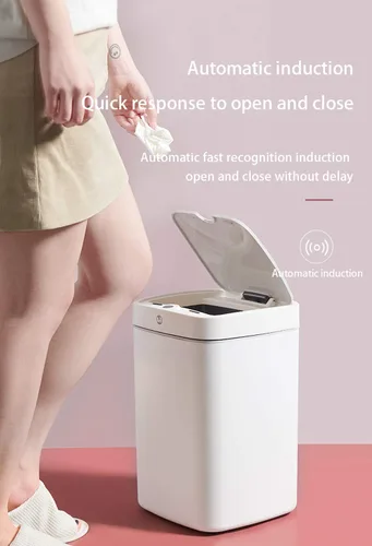 Vista 6 de Bote de basura automático con sensor, cubo de basura de metal de 4.7 galones, sin contacto, automático blanco perla para oficina y baño