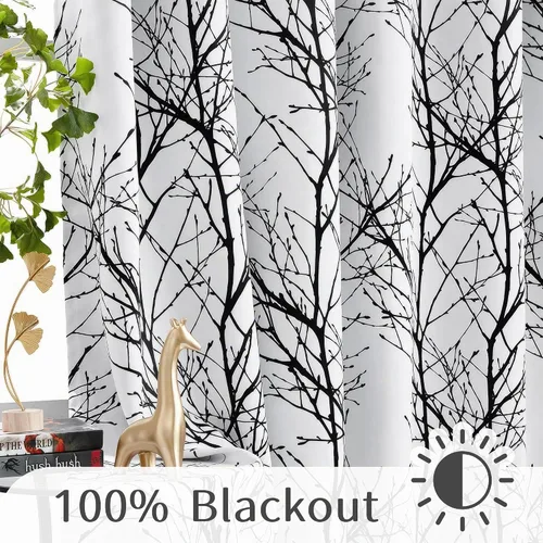 Vista 5 de FMFUNCTEX 100% Blackout Black Grey Tree Branch Curtains 54 Inch 2 Panels Negro
