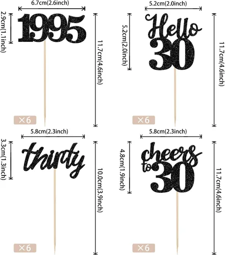 Vista 2 de 24 decoraciones negras para cupcakes de 30 cumpleaños con purpurina Hello 30, decoración de cupcakes Cheers to 30 desde 1995, treinta selecciones