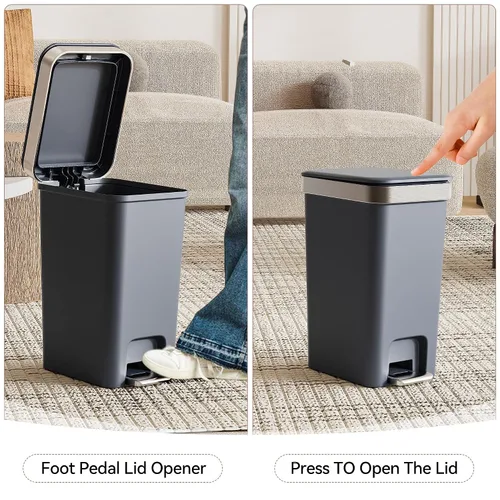 Vista 2 de Cubo de basura pequeño para baño con tapa de cierre suave, cubo de basura delgado de 10 litros/2.6 galones, escalón de metal y tapa superior