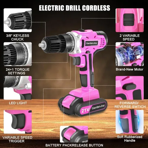 Vista 8 de GardenJoy Juego de Taladro Inalámbrico de 20V, Kit Eléctrico de Potencia 2 Baterías Con Cargador 30Nm 2 Velocidades Portabrocas Sin Llave de 3/8