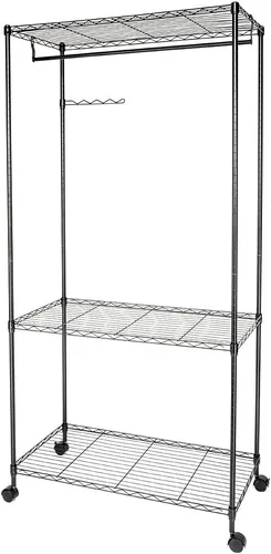 Vista 3 de Polyial Weave 3 niveles de gran tamaño ajustable resistente estante de ropa con estantes dobles para ropa y ruedas con bloqueo+1 par de ganchos