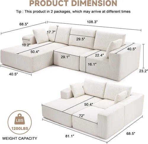 Vista 5 de Sofá seccional modular de 108", sofá seccional Cloud con asiento profundo, sofá modular moderno en forma de L con chaise, sofás tapizados sin Beige