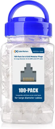 Vista 2 de Cable Matters Paquete de 100 enchufes modulares Cat 6 RJ45 para cable de gran diámetro, chapado en oro de 50 µ, conector RJ45 Cat6, conector
